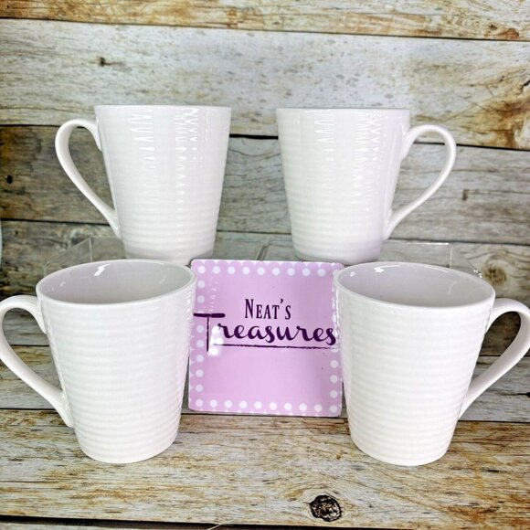 Food Network RIPPLE White Embossed Rings Stoneware 10 oz Handle Cups Mugs Set 4 - Picture 1 of 16